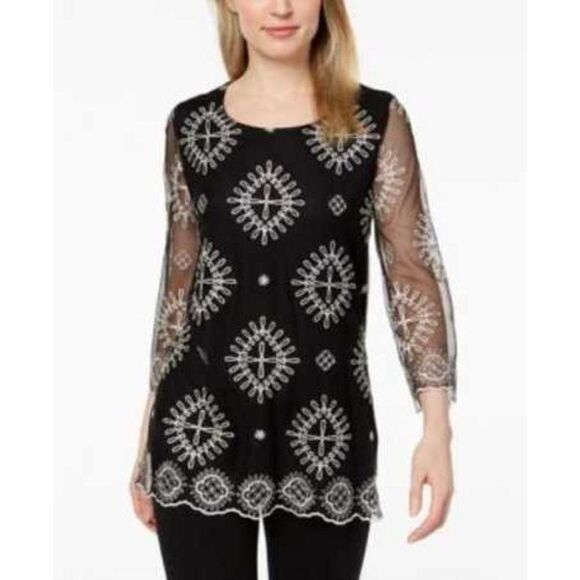 Alfani Womens Black White Abstract Mint Round Neck Mesh Sleeve Blouse Top Sz PM - Picture 1 of 7